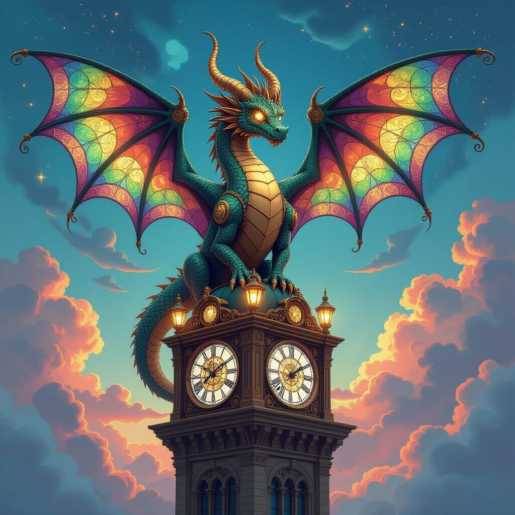 Steampunk Dragon with Stained Glass Wings in Art Nouveau Sty...