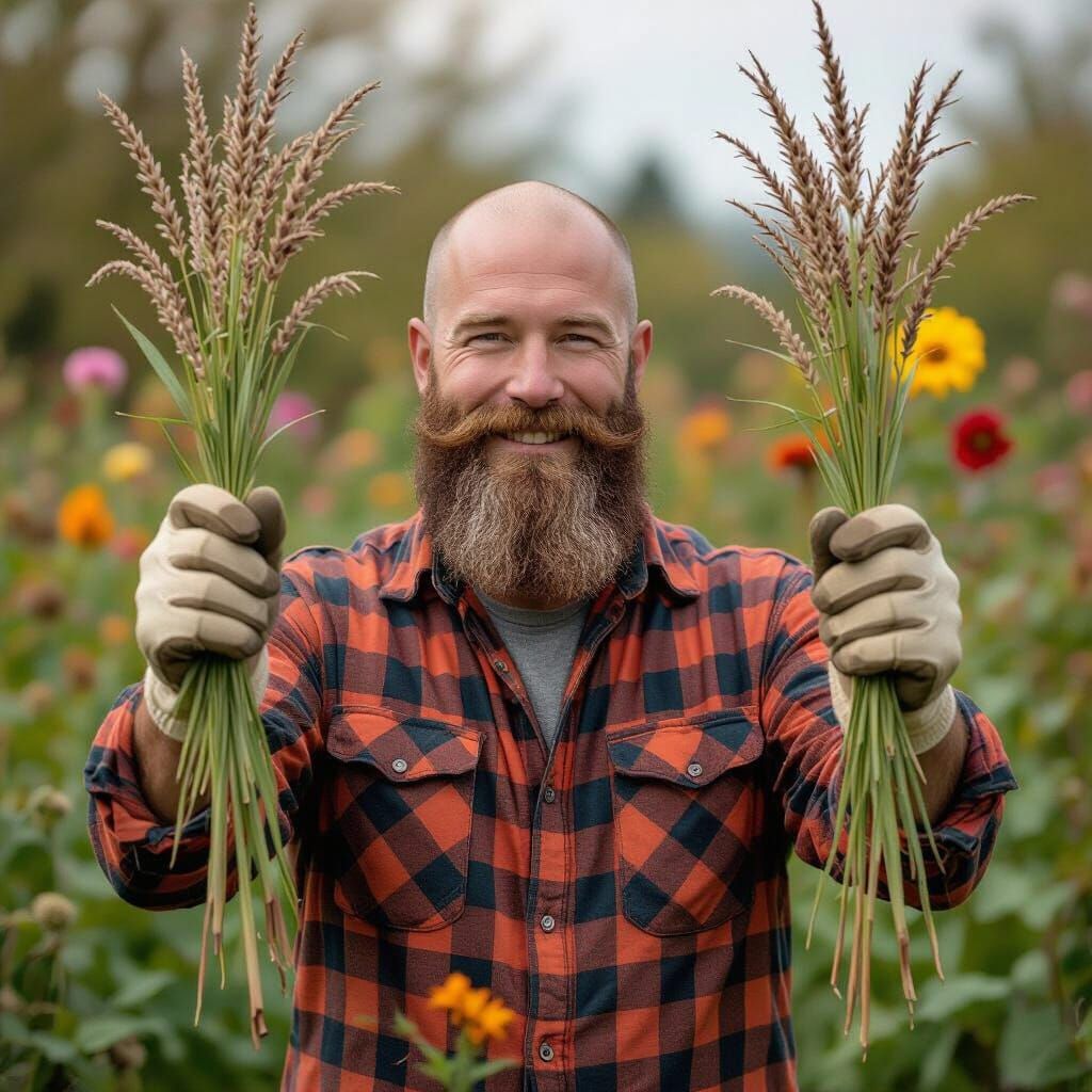 Man in Garden Holding Weeds, Pastoral Style