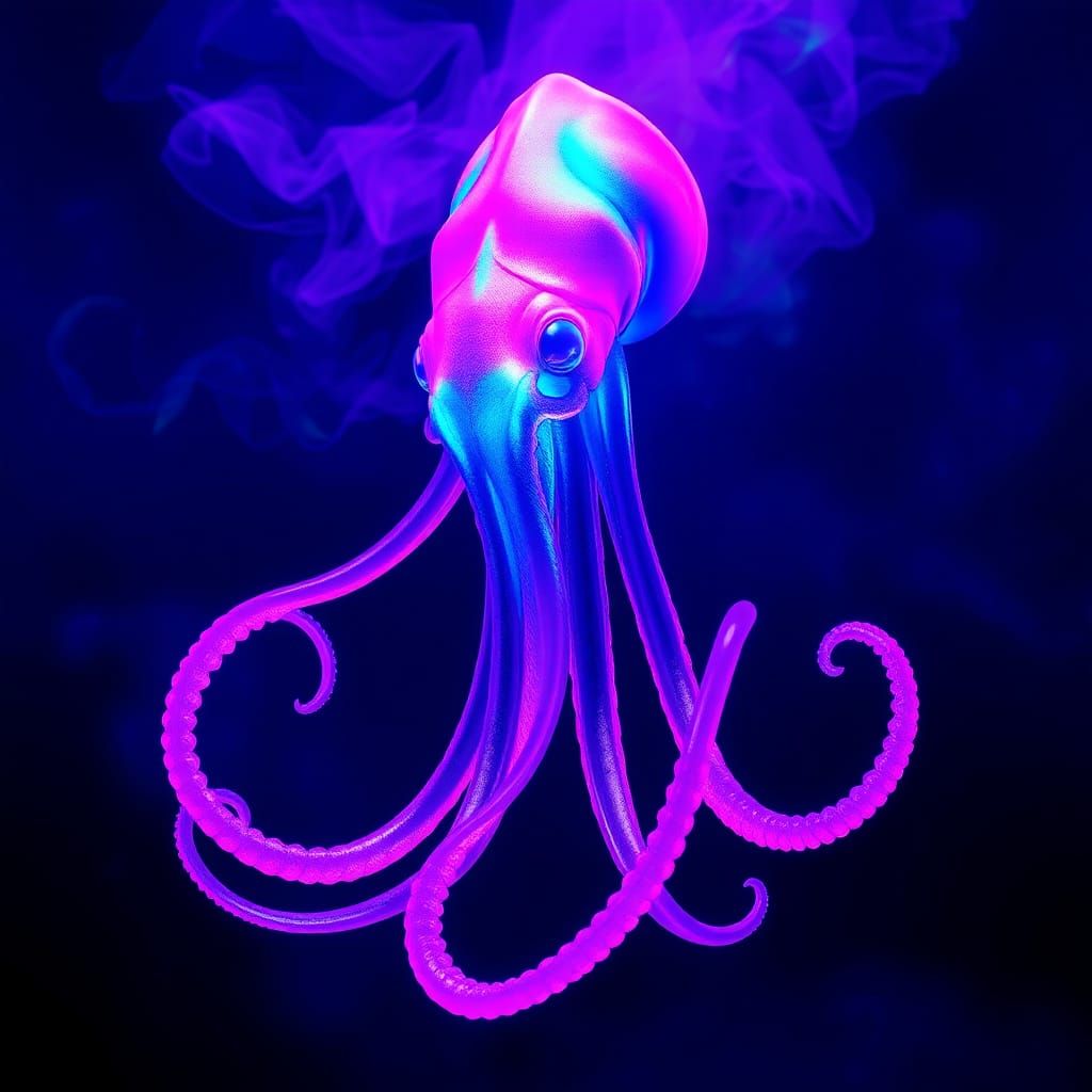 Electric Neon Squid in Iridescent Mist