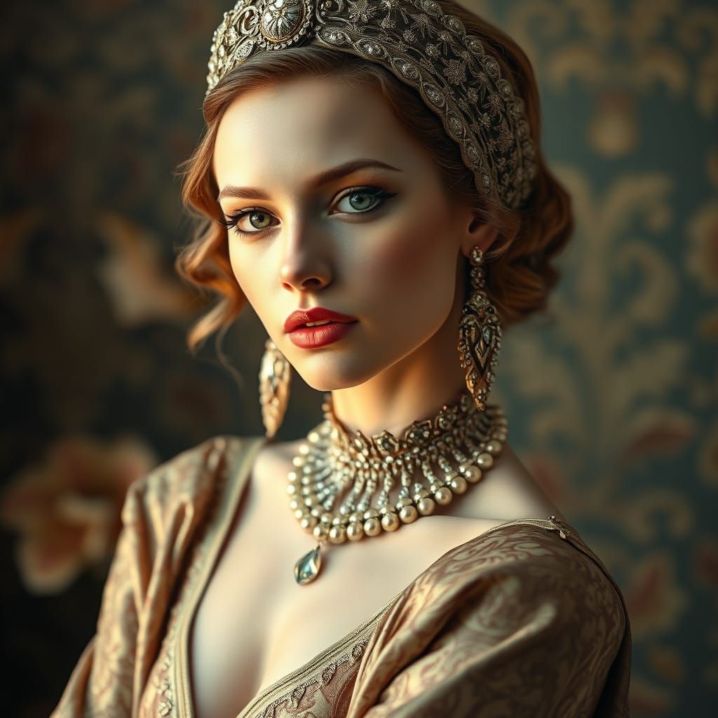 Regal Art Deco Goddess in Dreamlike Setting