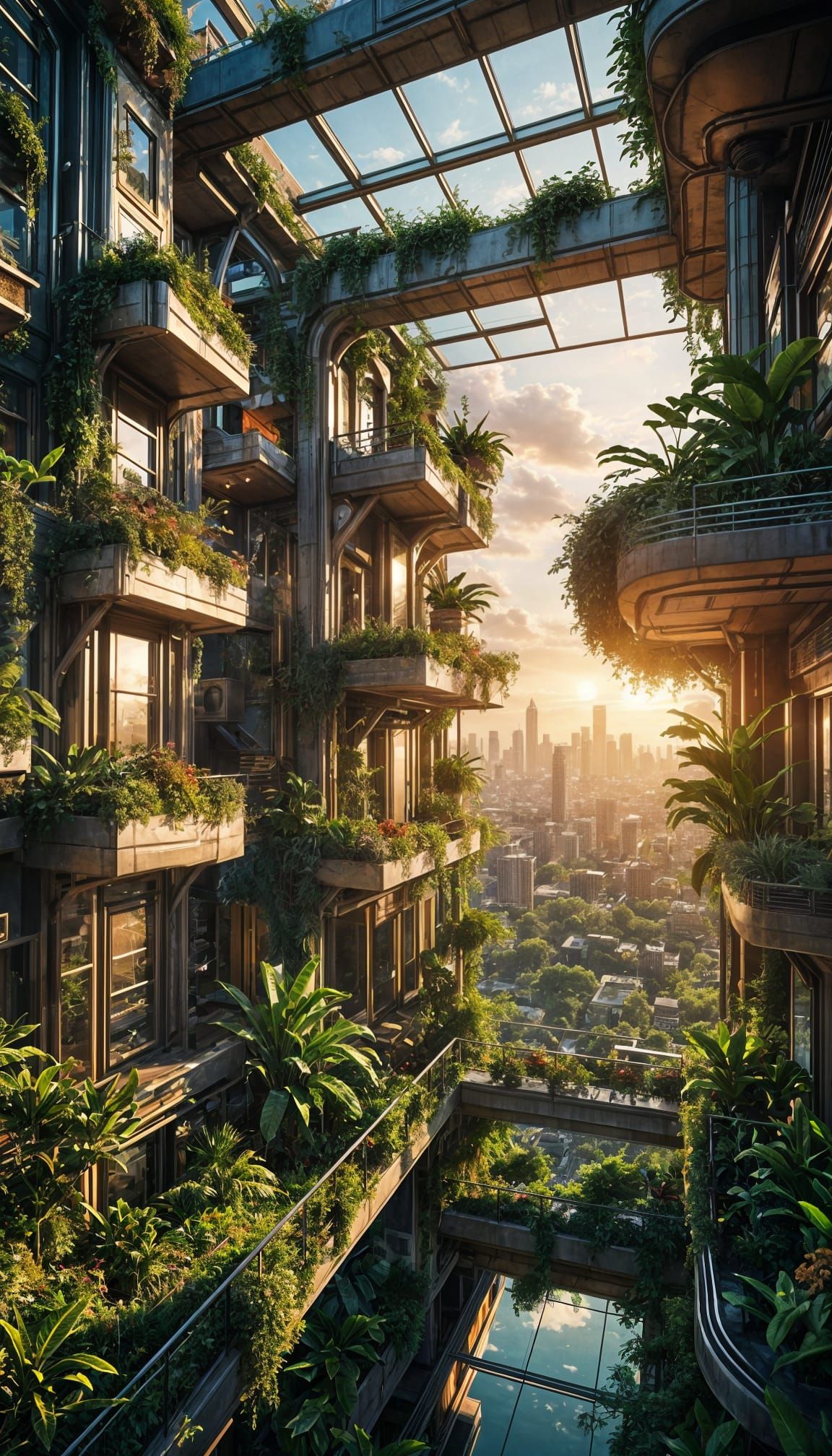 Solarpunk Cityscape at Sunset