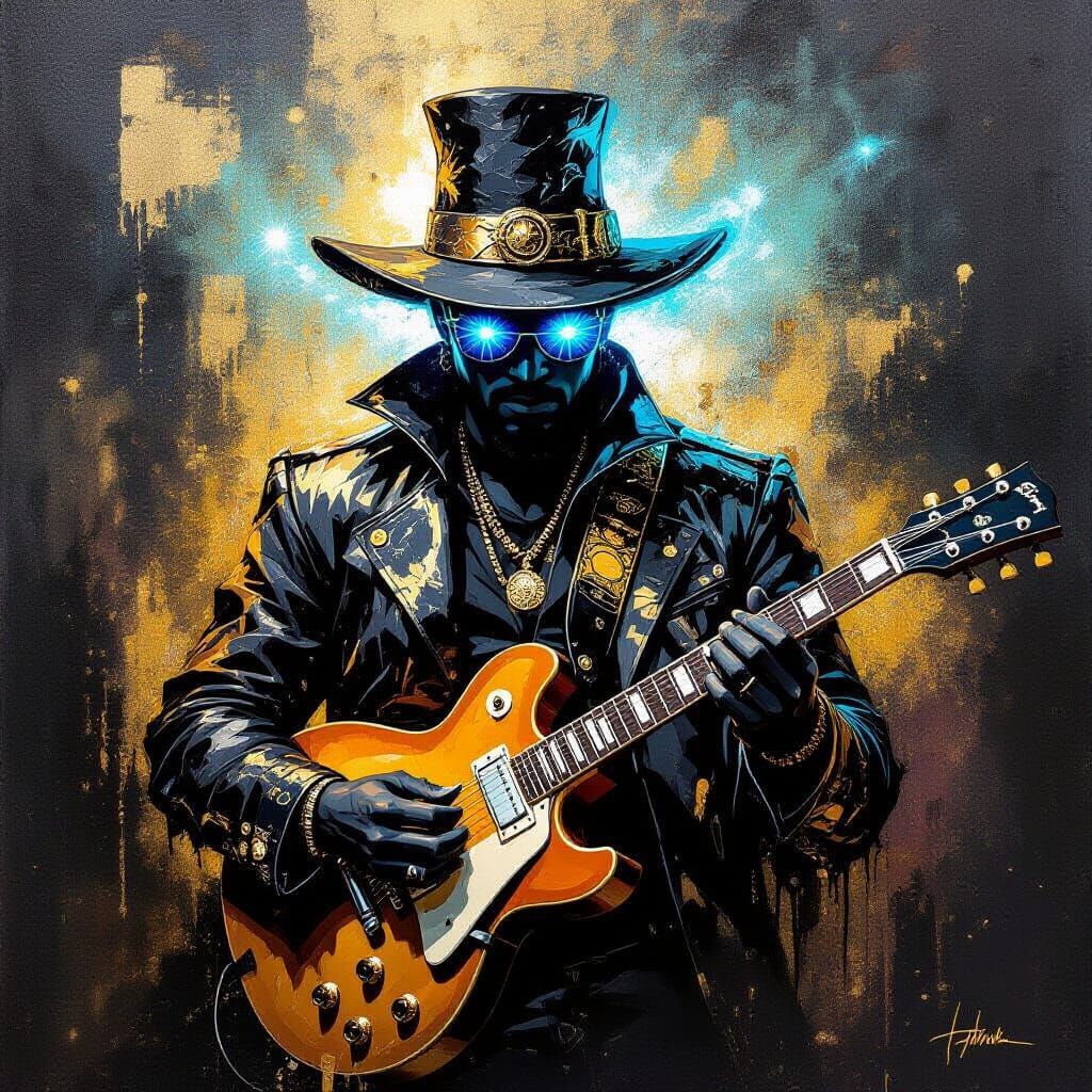 Hip-hop saloon sorcerer in a black and gold brushstrokes cre...