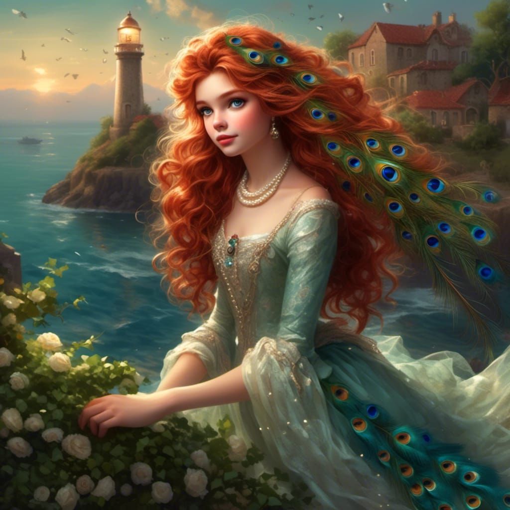 Rossetti Style Maiden with Peacock Feathers by the Sea