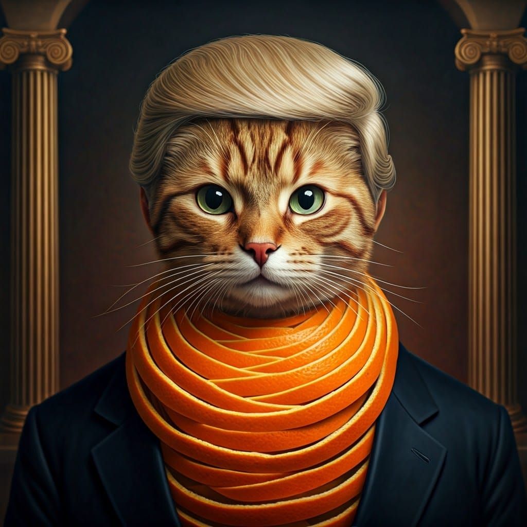 Elegant Feline Statesman with Orange Fur and Donald Wig