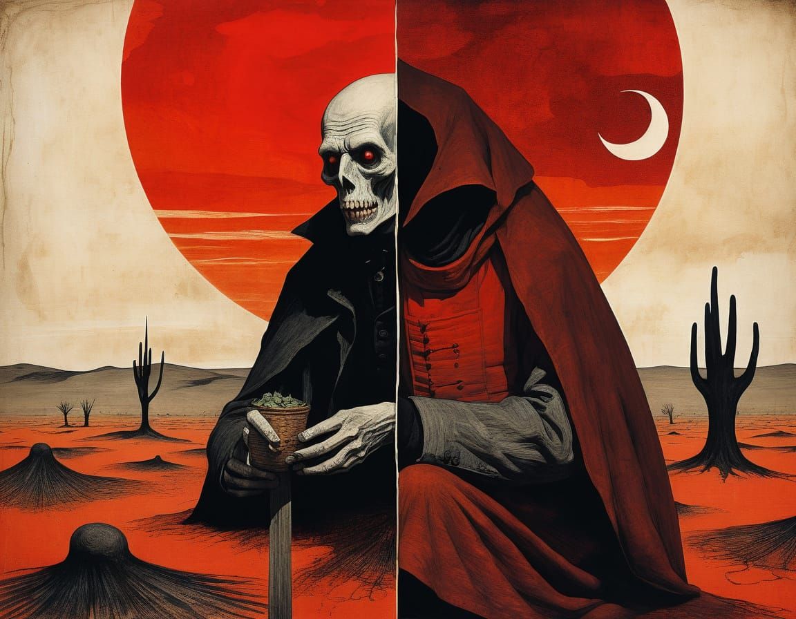 Vampire Feast in Red Wasteland: Mixed Media