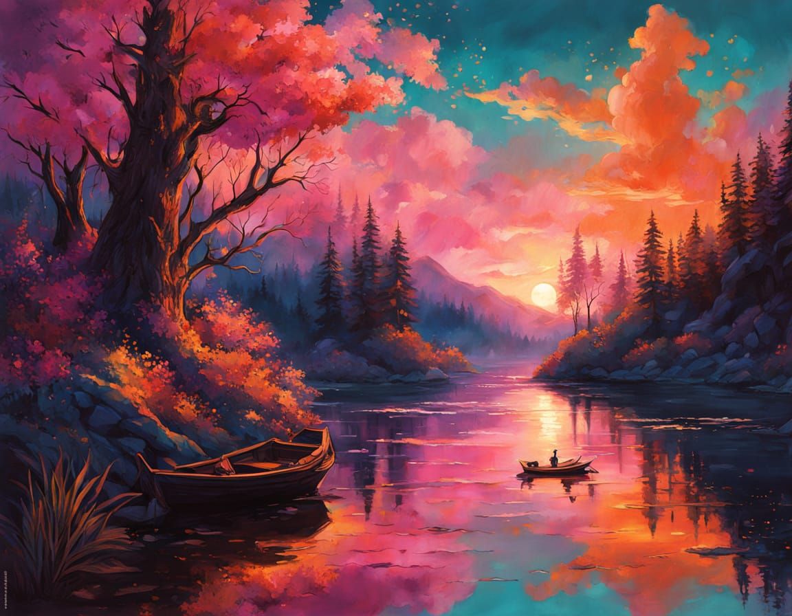 Fantasy Lakeside Sunset with Glowing Boats