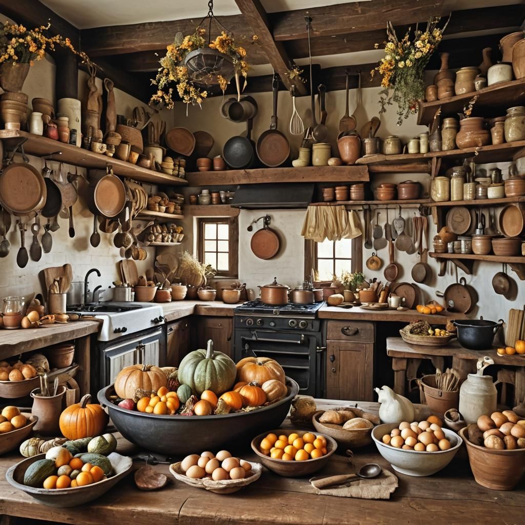 Rustic Kitchen Scene with Autumn Harvest Bounty