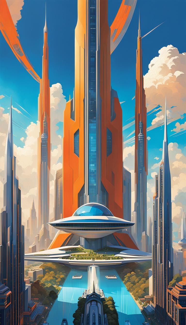 Utopian Metropolis: Retro-Futuristic Skyscraper Concept Art