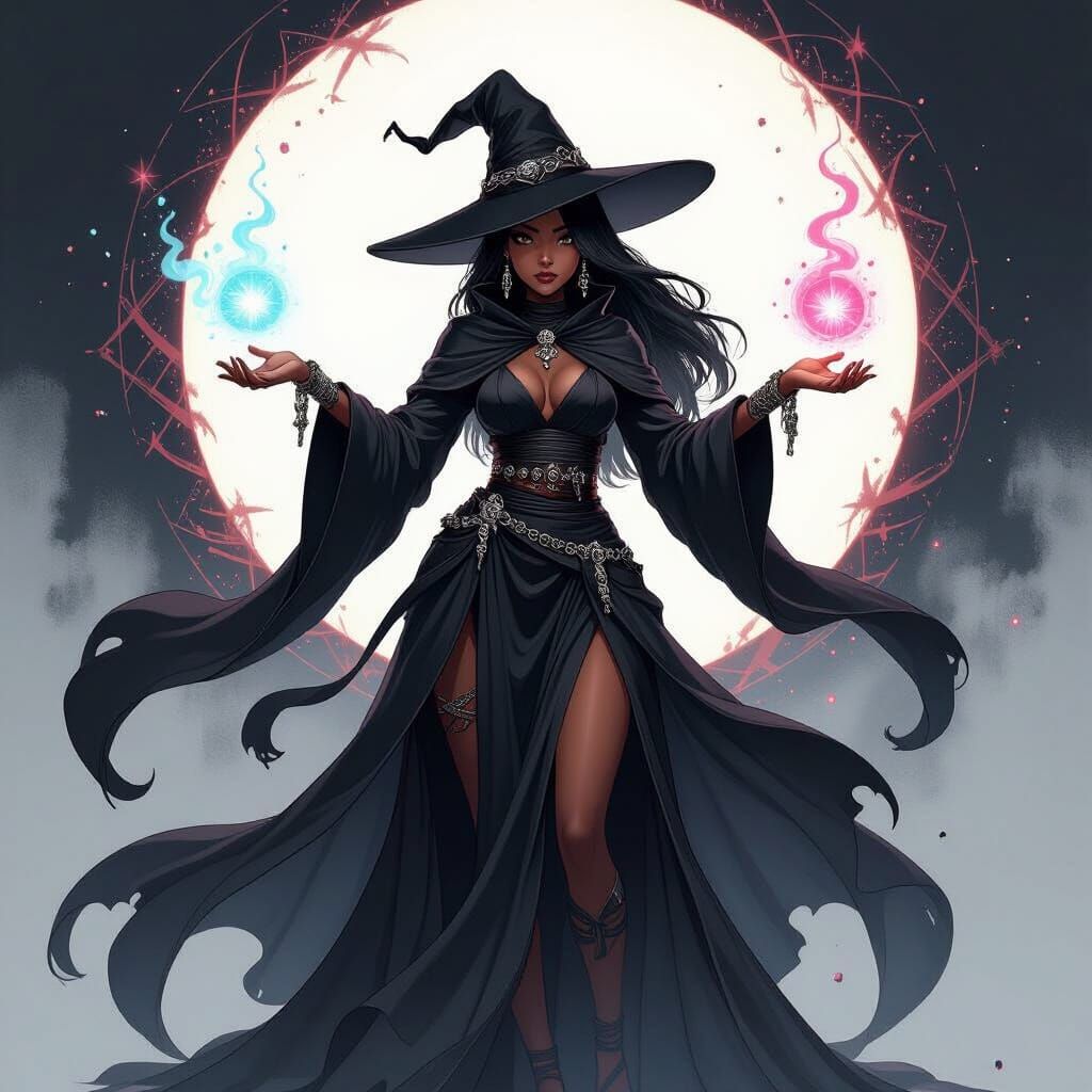Anime Sorceress Casting a Spell in Digital Painting Style