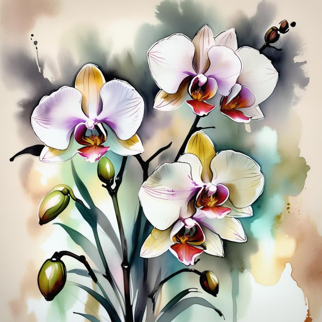 Impressionist Orchid Illustration with Watercolor Washes