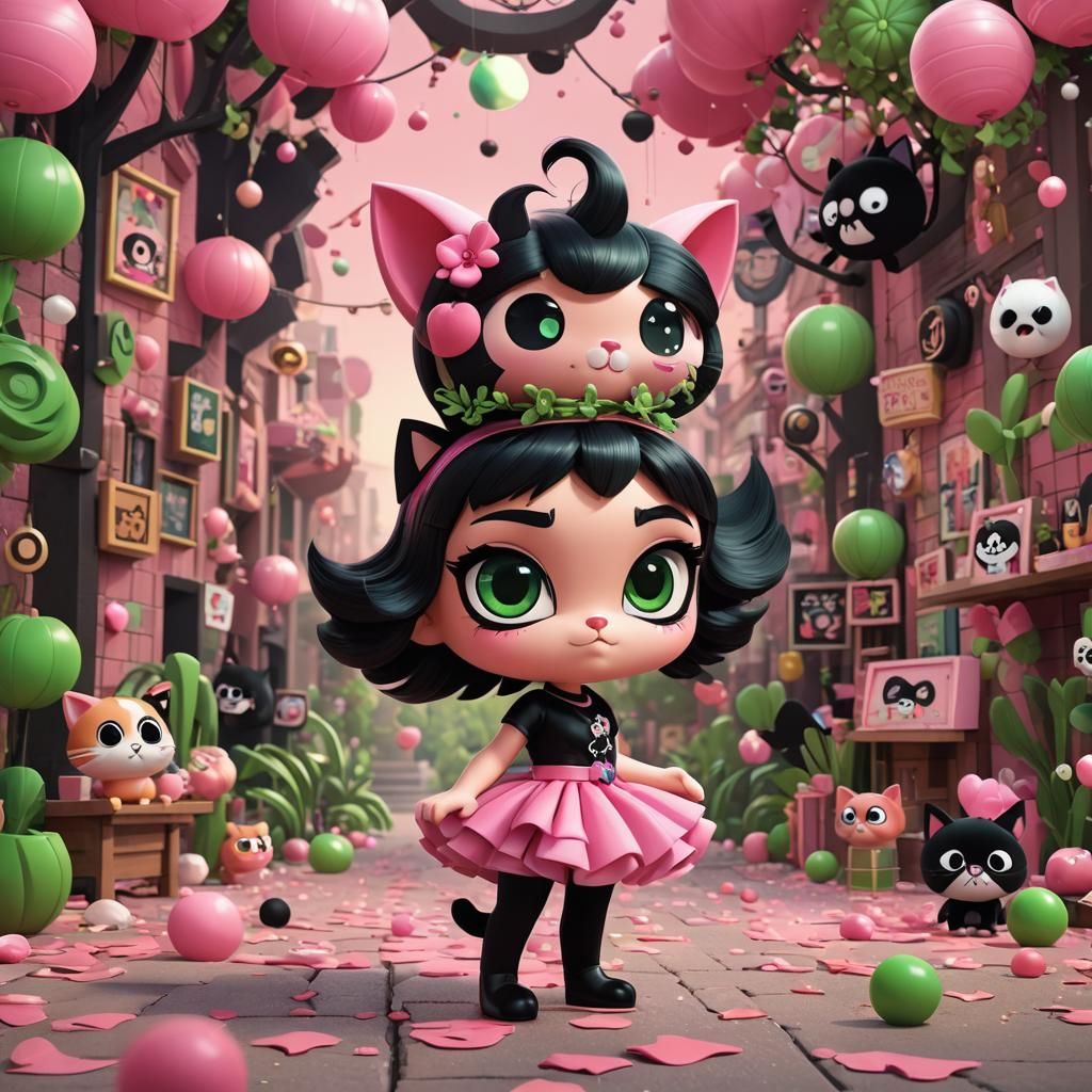 Chibi Powerpuff Cat in Pink Dress