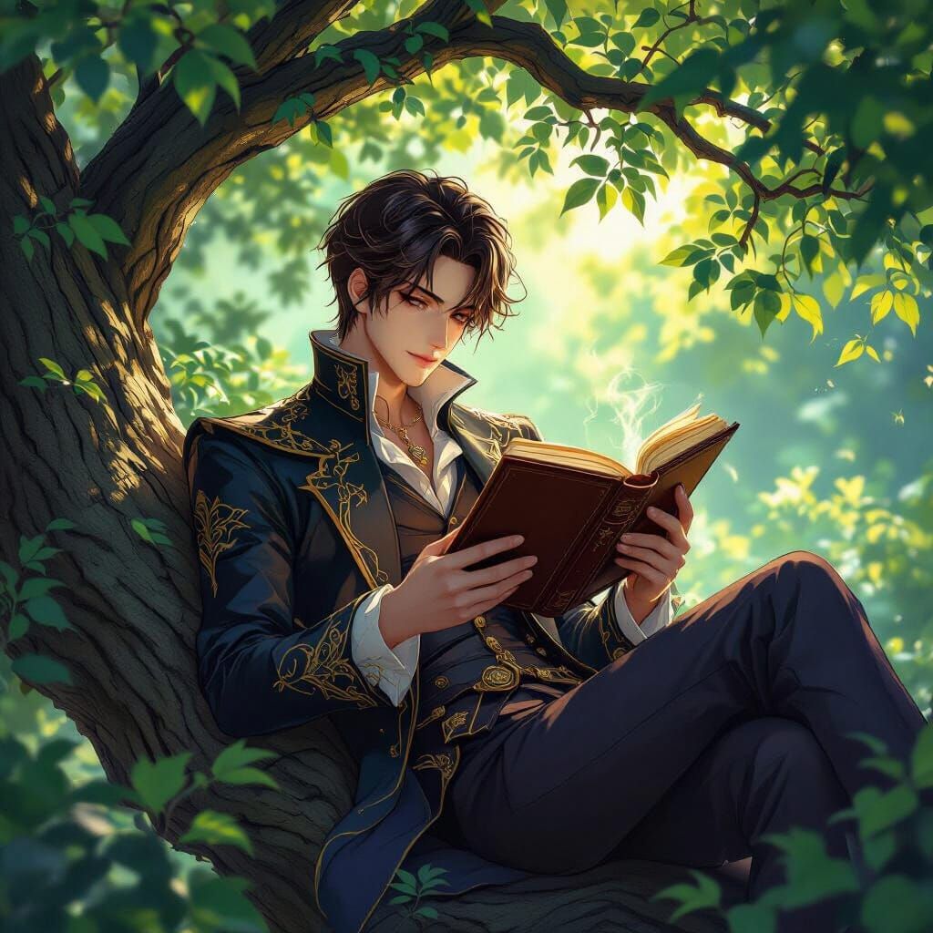 Elegant Anime Character Reading on Tree Branch