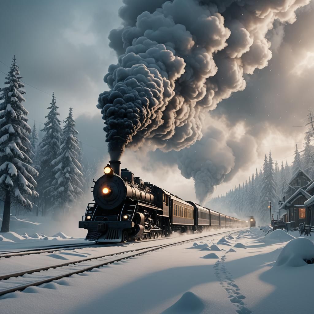 Steam Train on Snowy Tracks in Cinematic Style