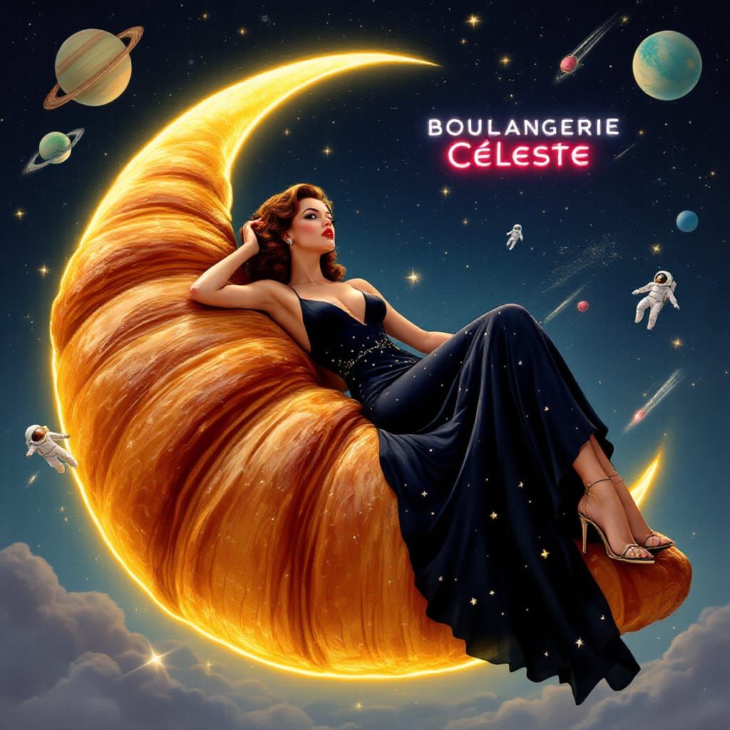 Retro-Futuristic Croissant with Pin-Up in Space