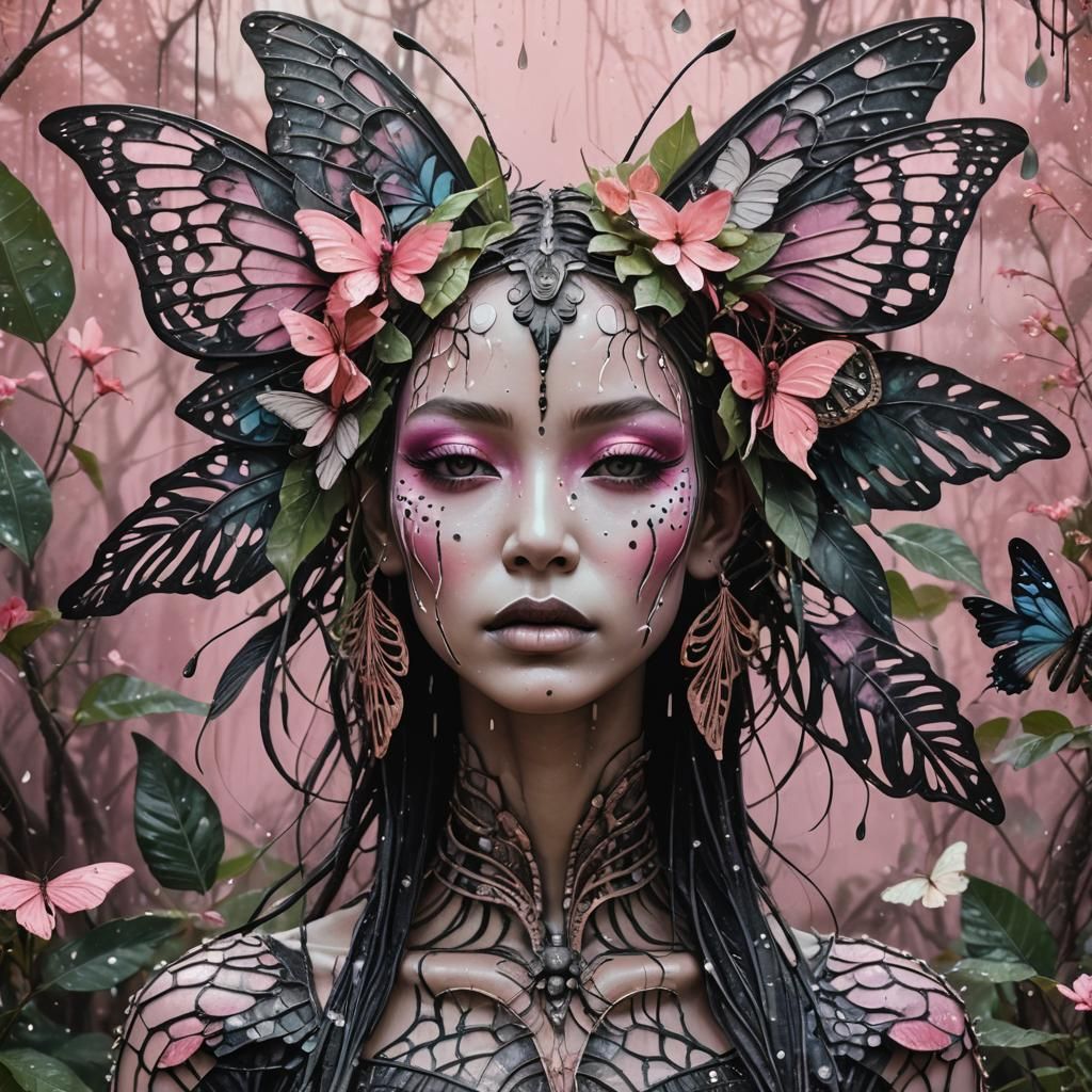 Alien Woman with Butterfly Wings Headdress in Cyberpunk Styl...