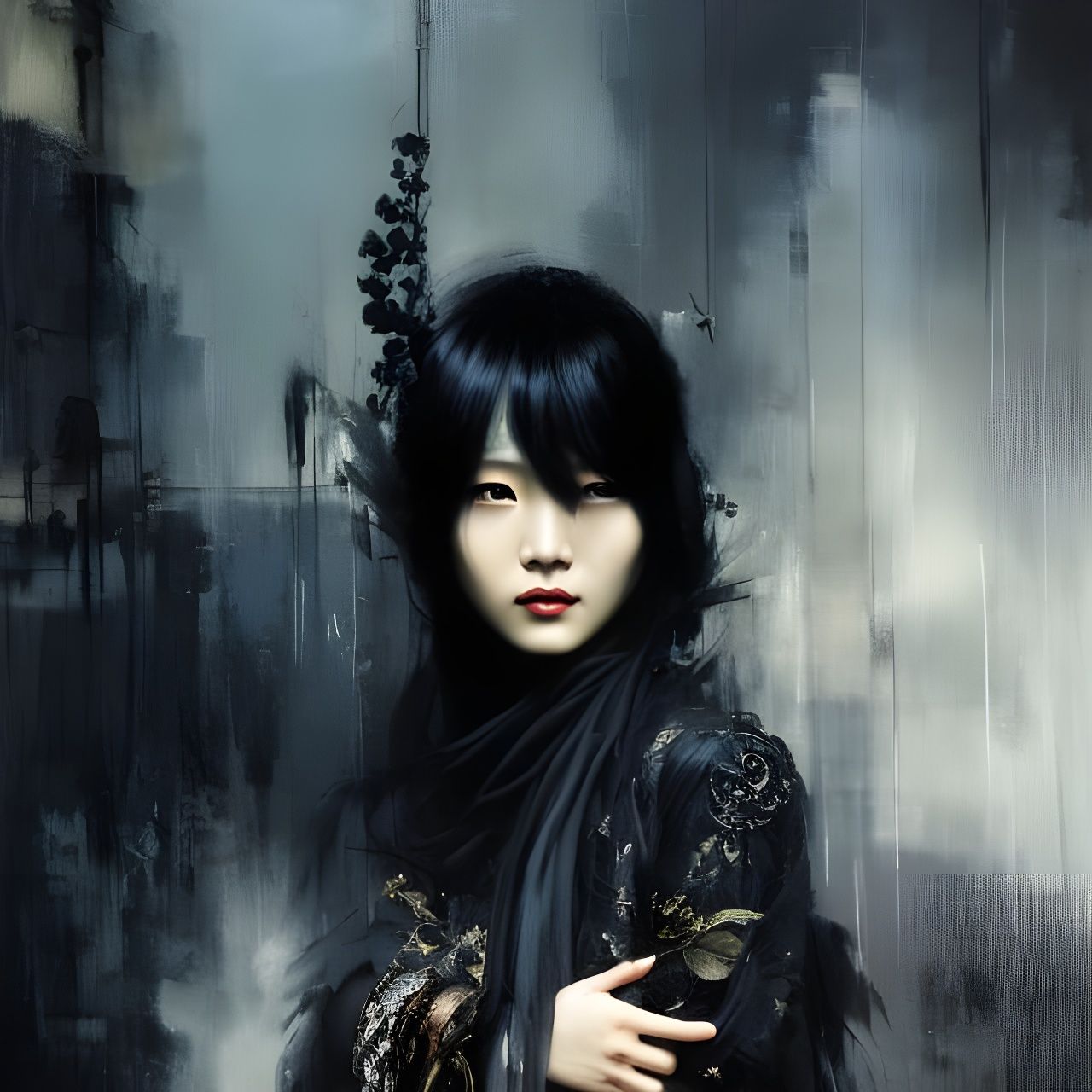 Beautiful Chinese Woman with Ravens, in Goya Style