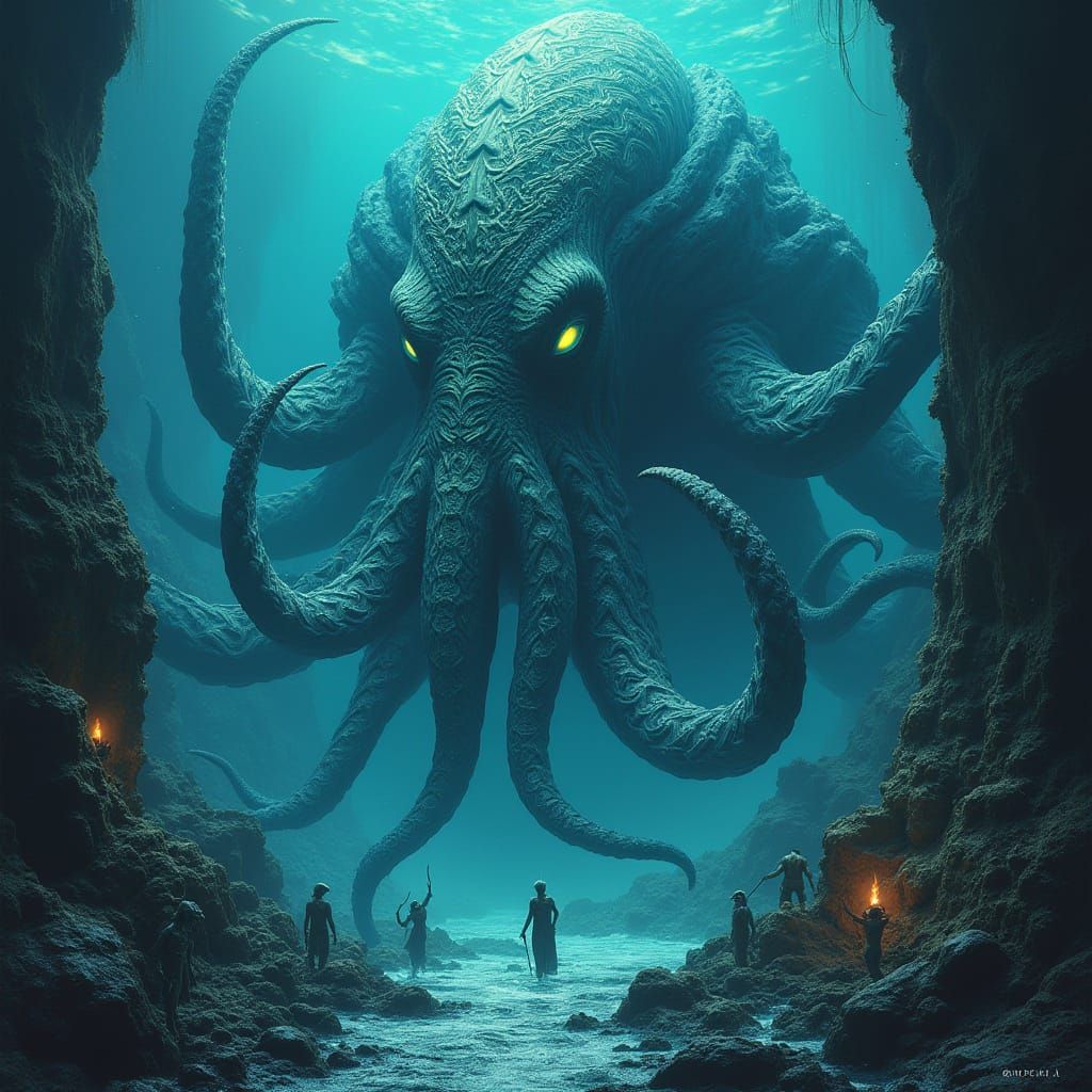 Colossal Cthulhu Rising from Bioluminescent Atlantis