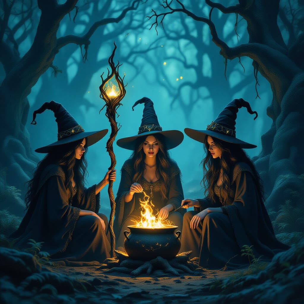 Witches Coven in Ancient Forest Gathering Magical Energy