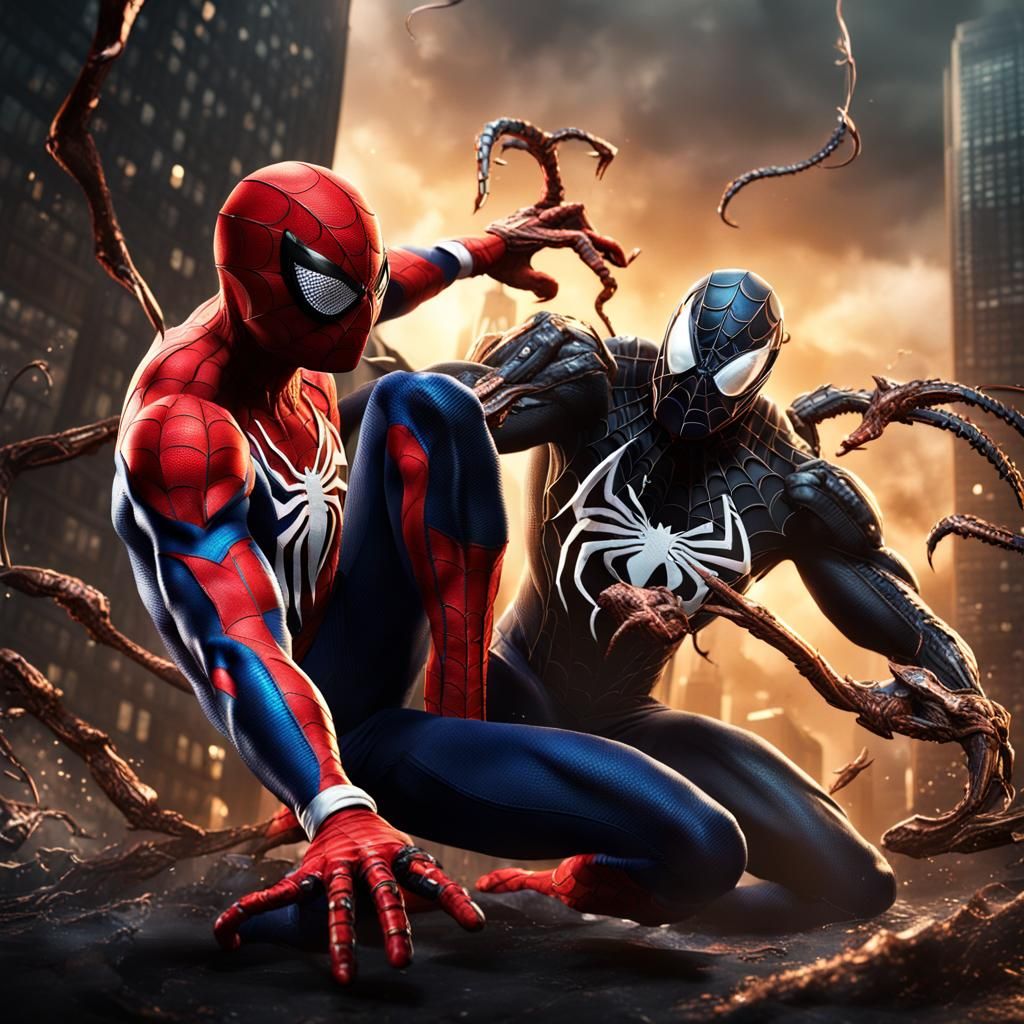Spiderman vs Venom: Epic Battle in Detailed Art