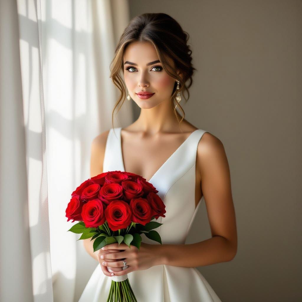 Woman in White Holds Red Roses in Golden Light