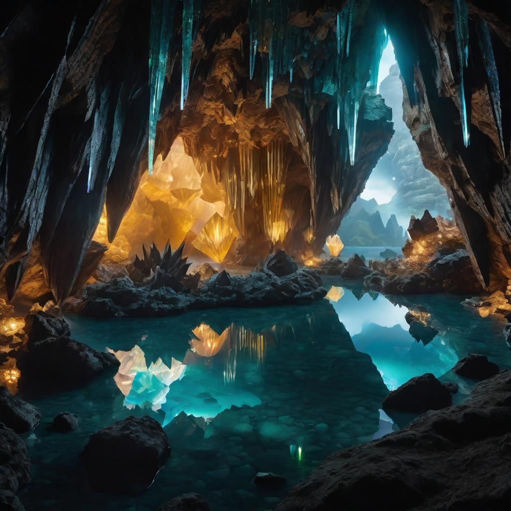 Illuminated Crystal Cave with Reflecting Lake