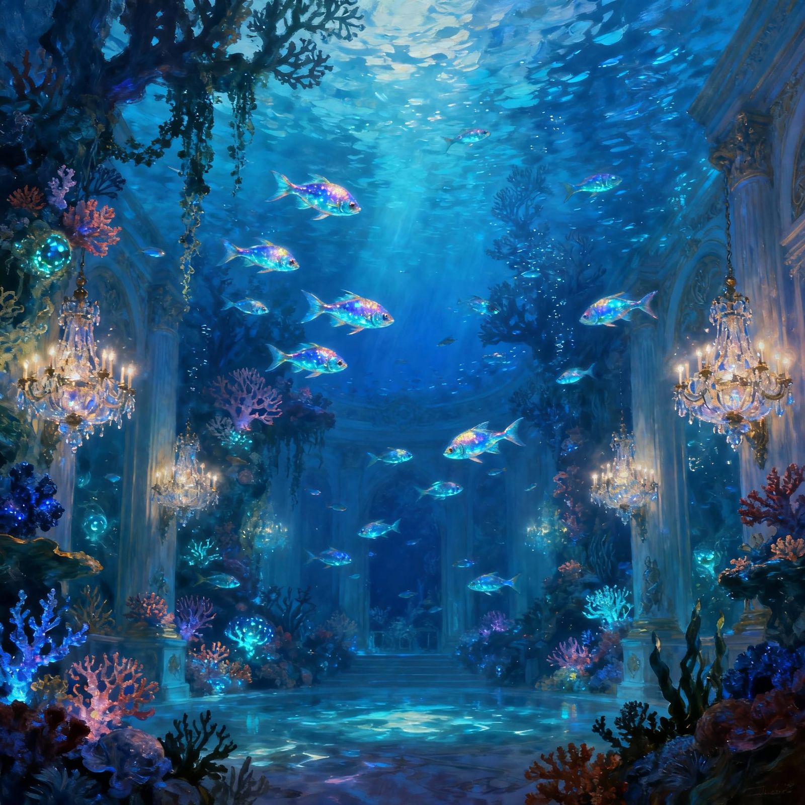 Elegant Underwater Ballroom with Coral and Bioluminescent Fl...
