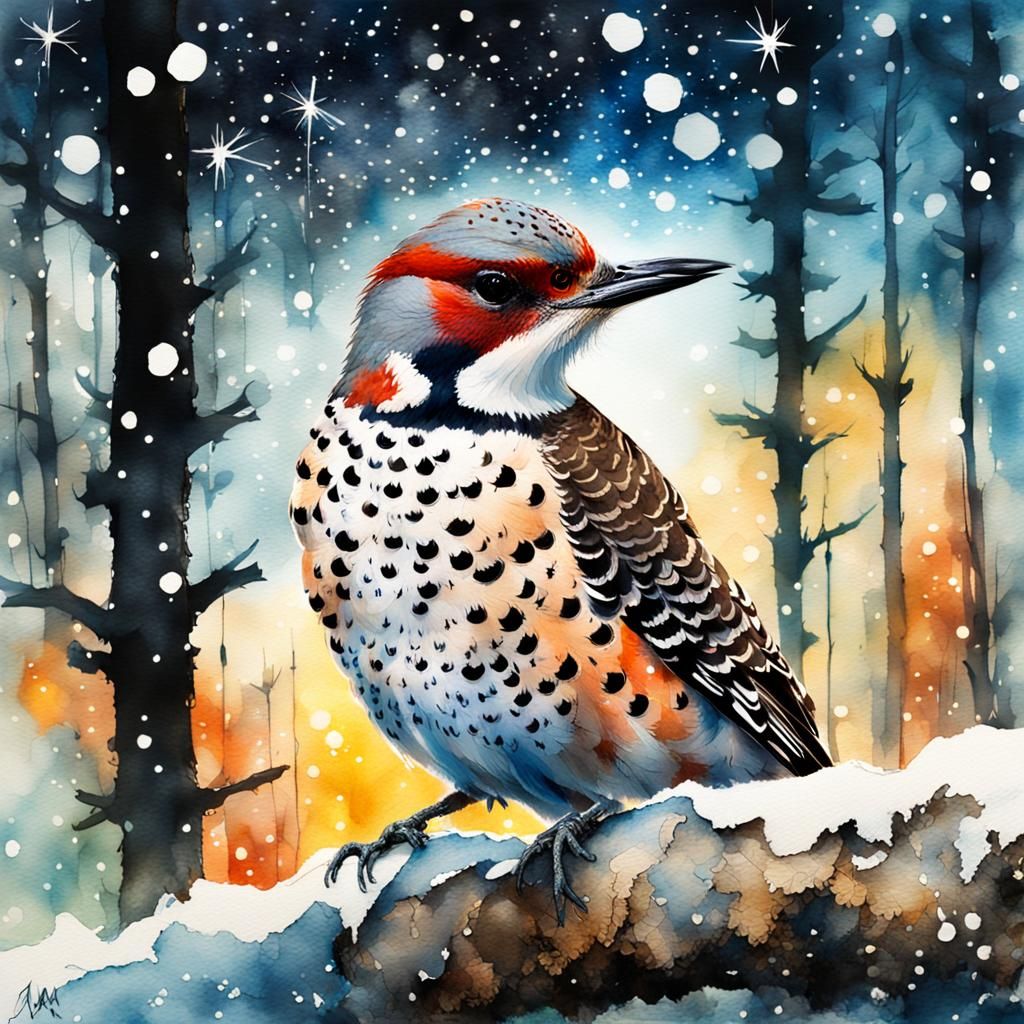 Northern Flicker at Twilight in Watercolor Art