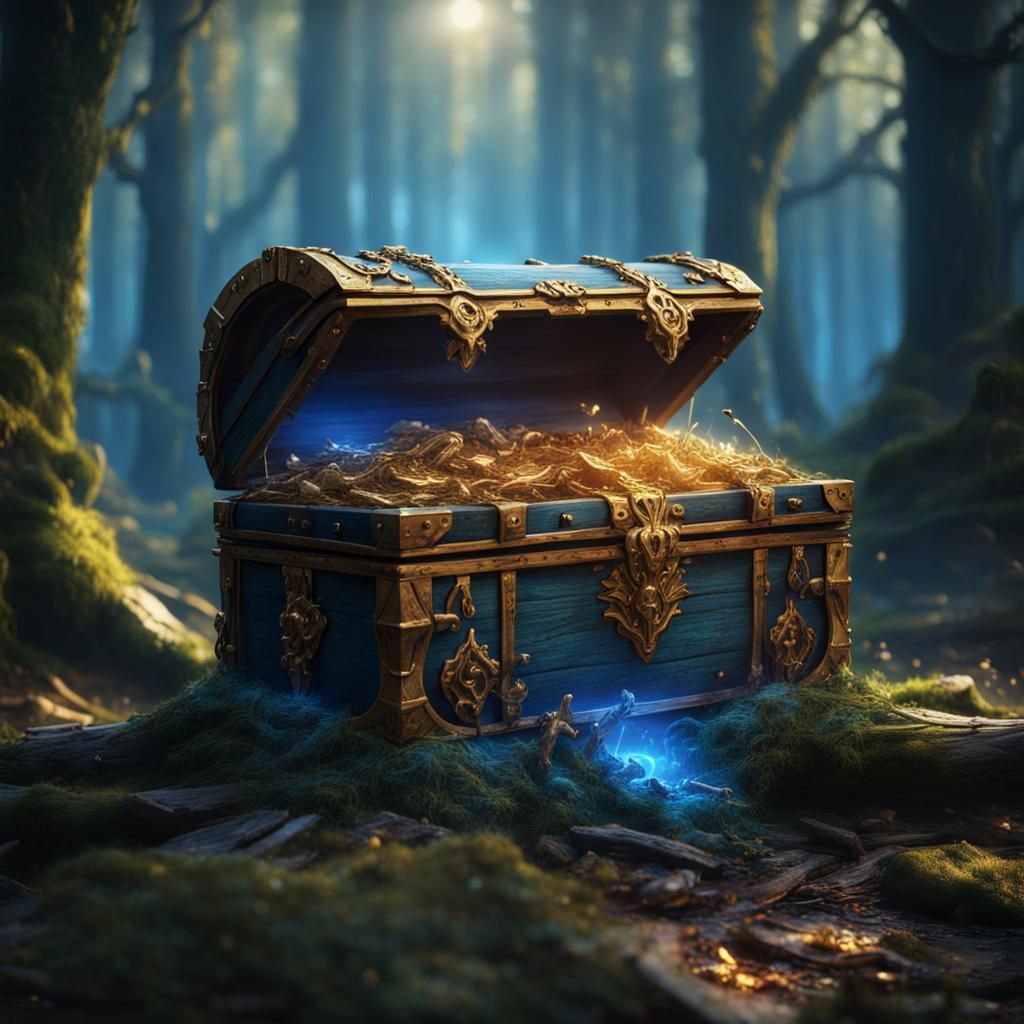 Magical Blue and Gold Chest in Forest