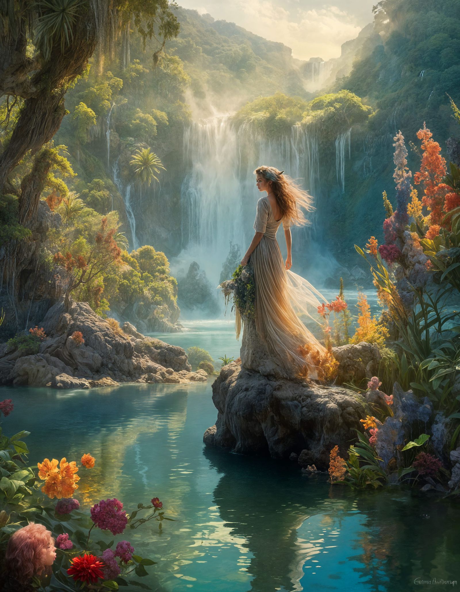 Girl at Lagoon Waterfall in Hyperreal Style