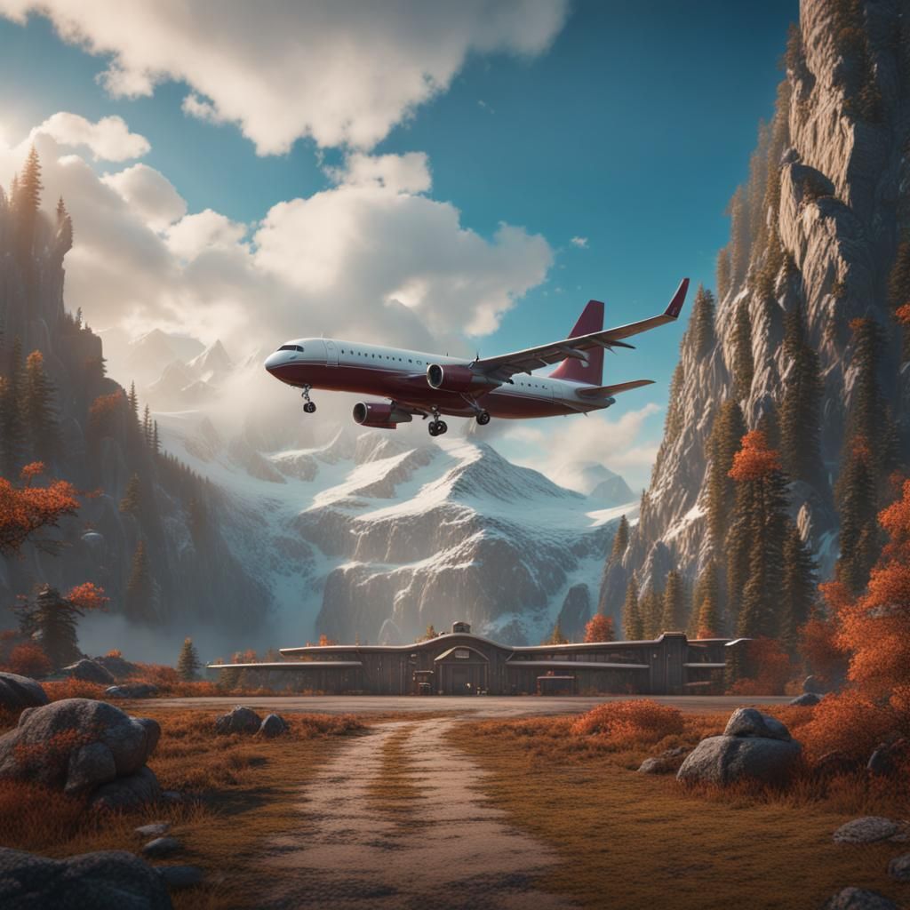 Airplane Landing at Mountain Airport in Detailed Matte Paint...