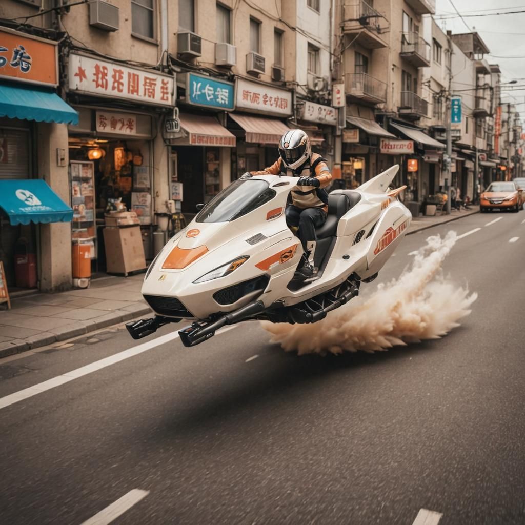 Retro-Futuristic Hovercycle in Neon Cityscape