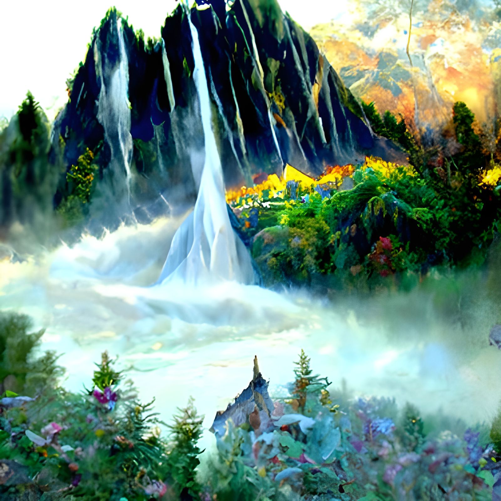 Ethereal Waterfall and Mountains in Fantasy Style