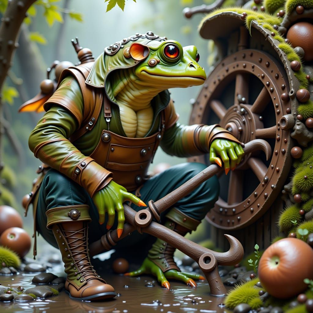 Frog-Goblin Artificer Repairs Waterwheel in Fantasy Landscap...