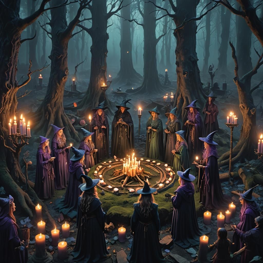 Mystical Witches Coven in Misty Forest: Matte Painting