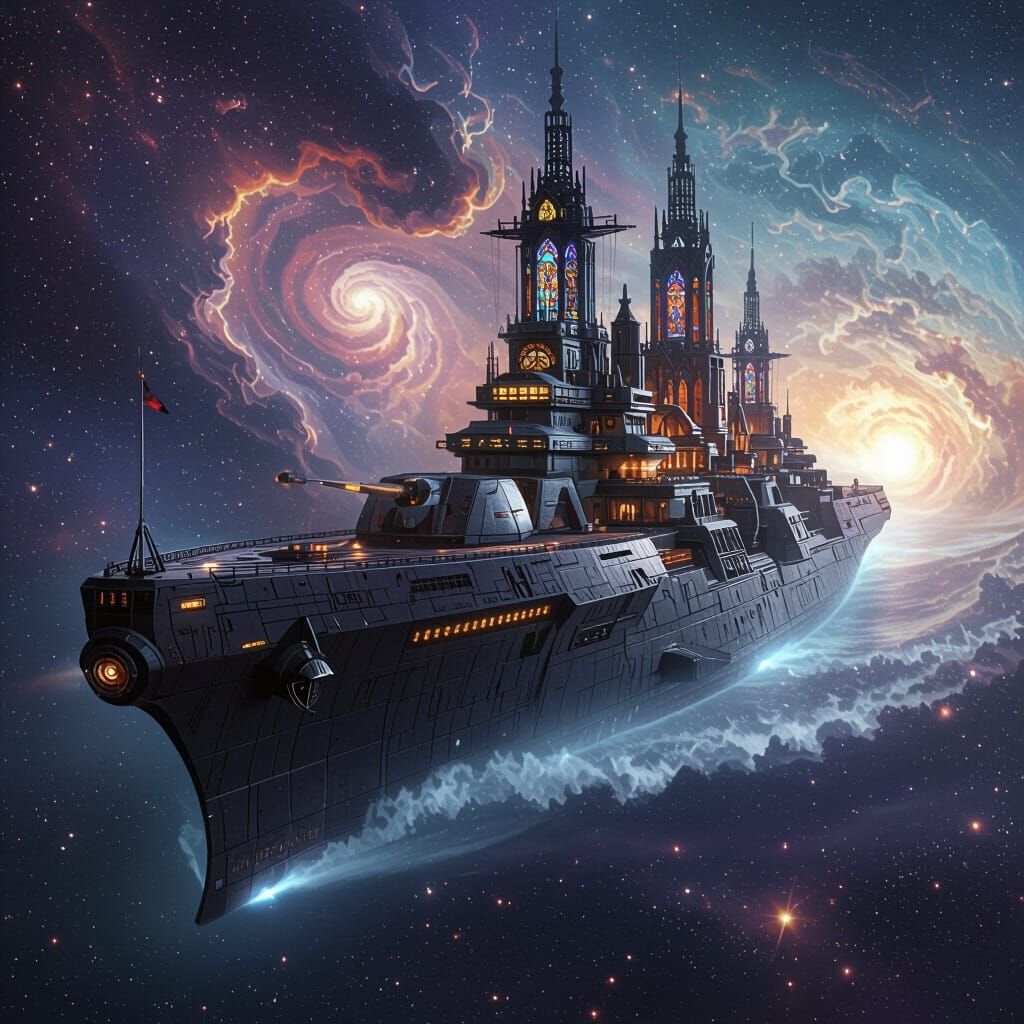 Cathedral Battleship in Nebula, Futuristic Gothic Art