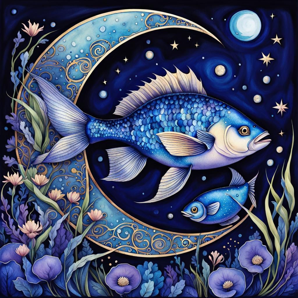 Watercolor Fish Under Moonlight: Detailed Ink Illustration