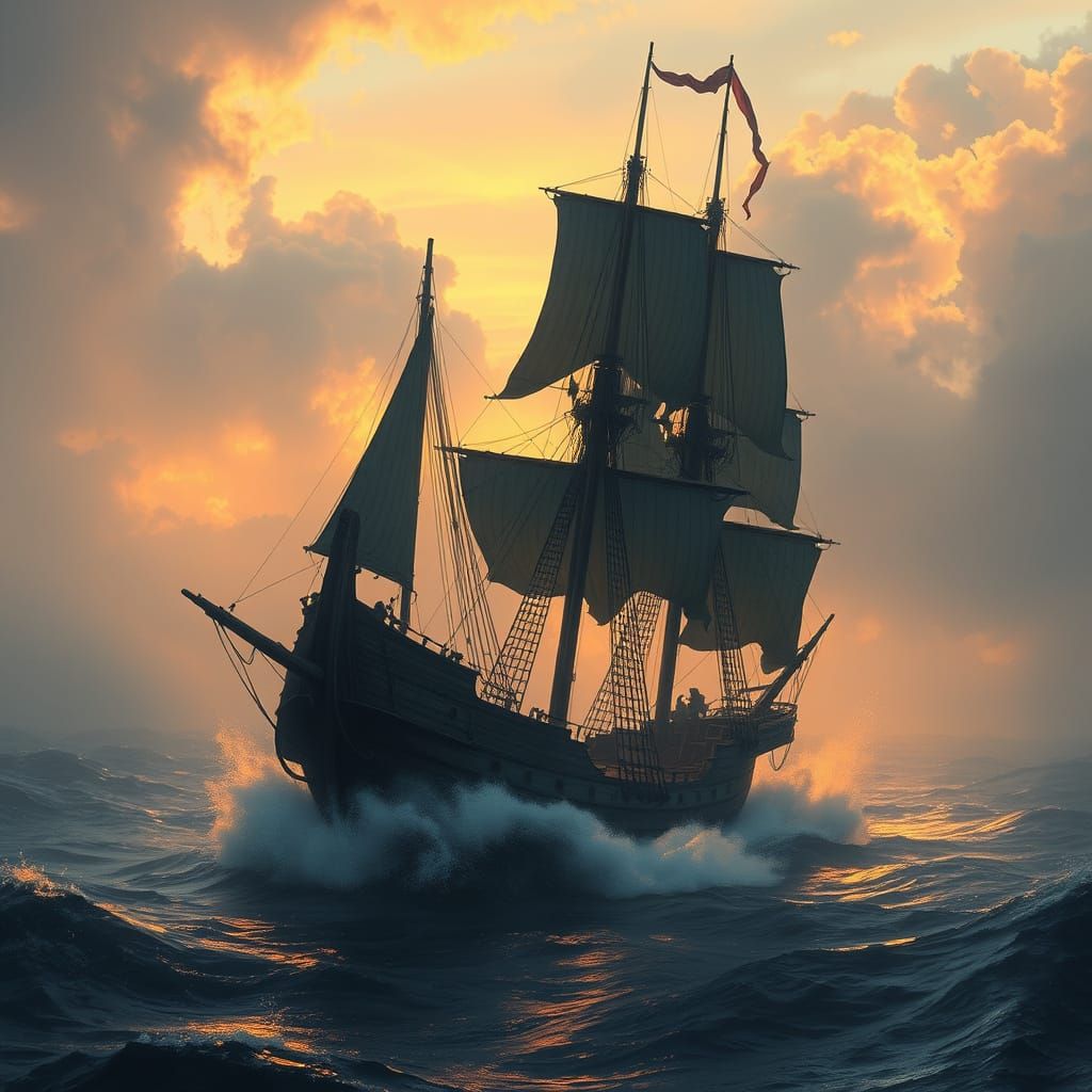 Majestic Pirate Galleon in Stormy Cyberpunk Impressionism