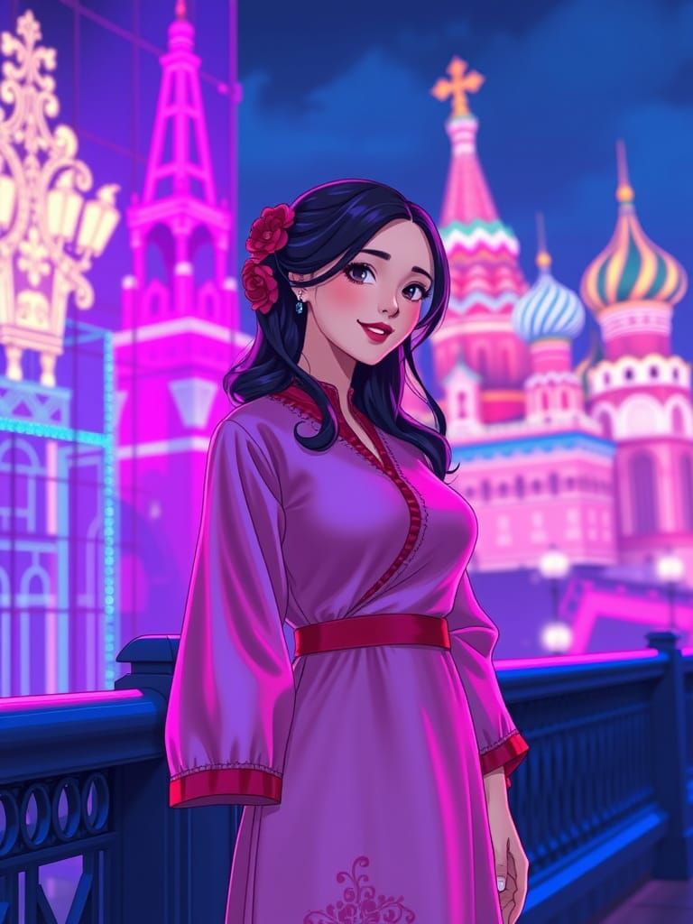 Anime-Inspired Woman Stands Before Glass Kremlin in Neon Par...