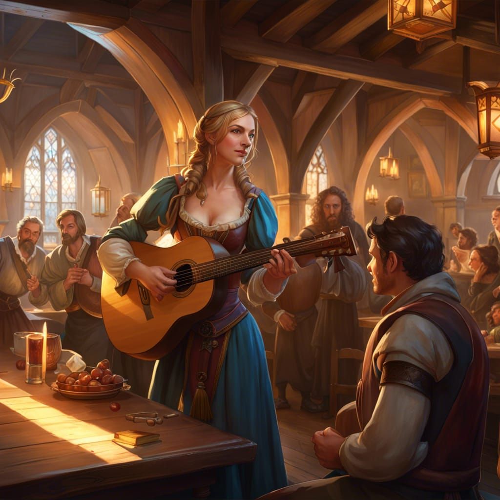 Medieval Bard Performing in Tavern, Detailed Digital Art