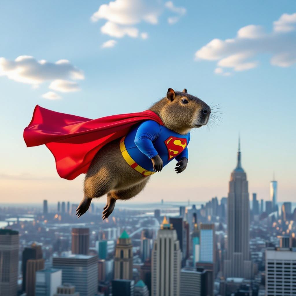 Capybara as Superman Over NYC Skyline
