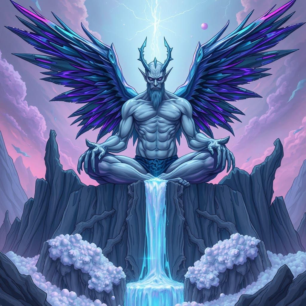 Gigantic, Ghostly Deity in a Neon-Lit, Surreal Landscape