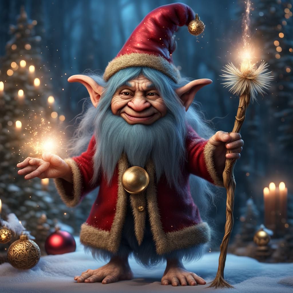 Cute Troll Christmas Wizard Spellcasting, Detailed Digital A...