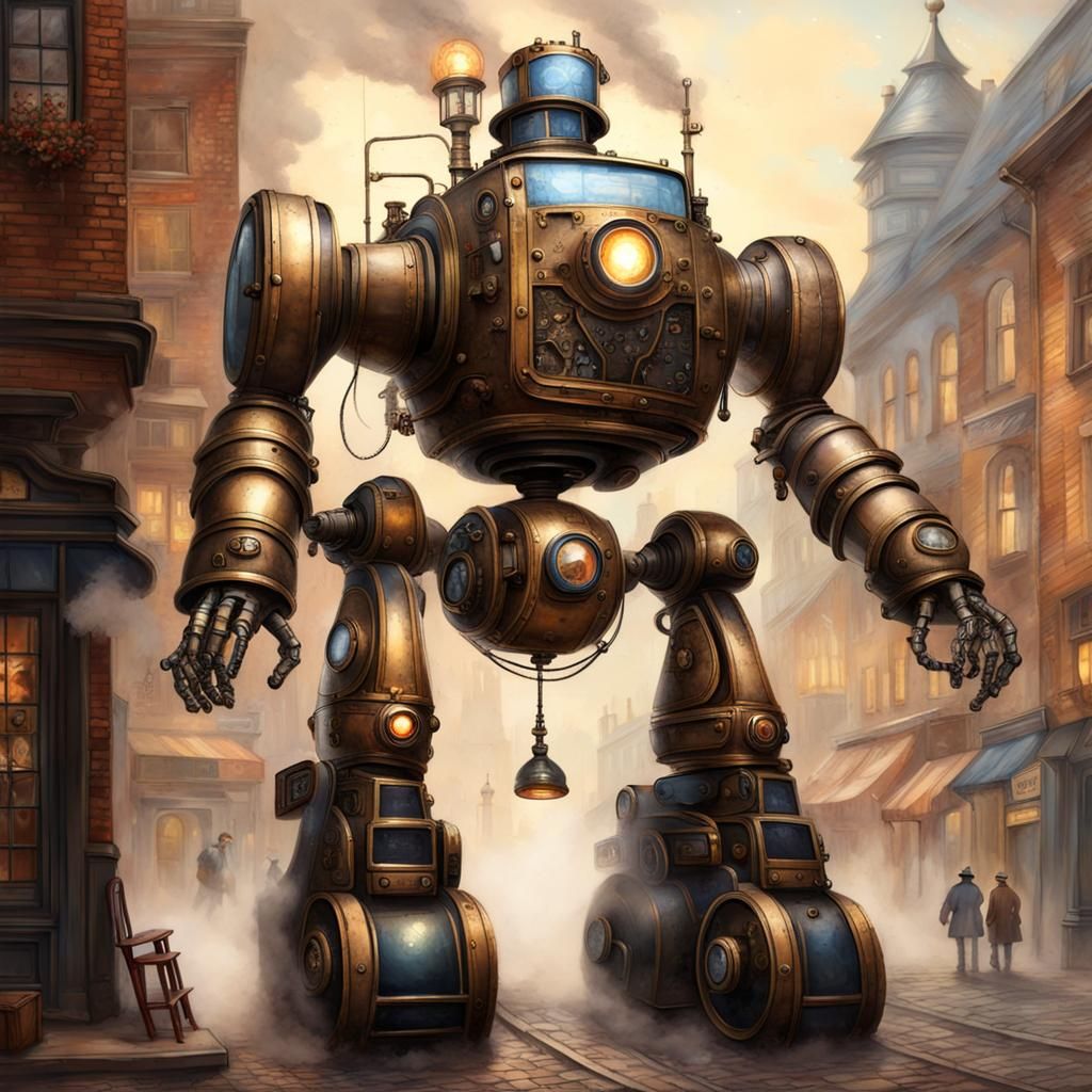 Steampunk Police Robot in Luminist Style