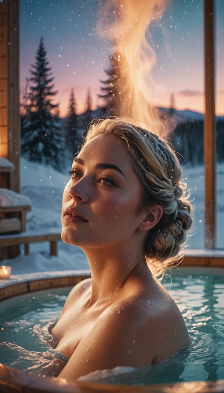 Woman Relaxing at Nordic Spa in Surreal Digital Art