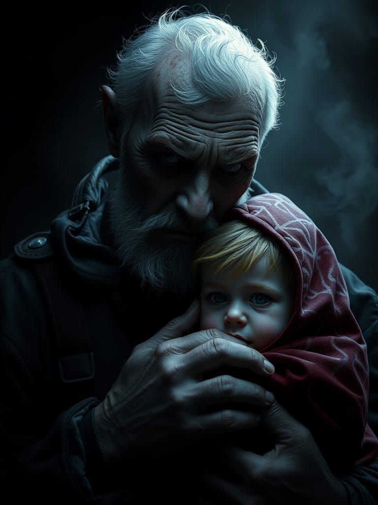 Aged Man Bears Small Girl into Dark Shadows