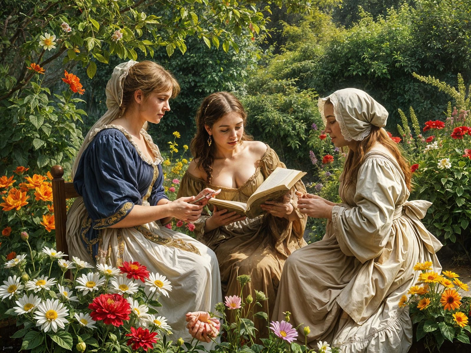 Women Discuss Blooming Flowers in a Baroque Garden