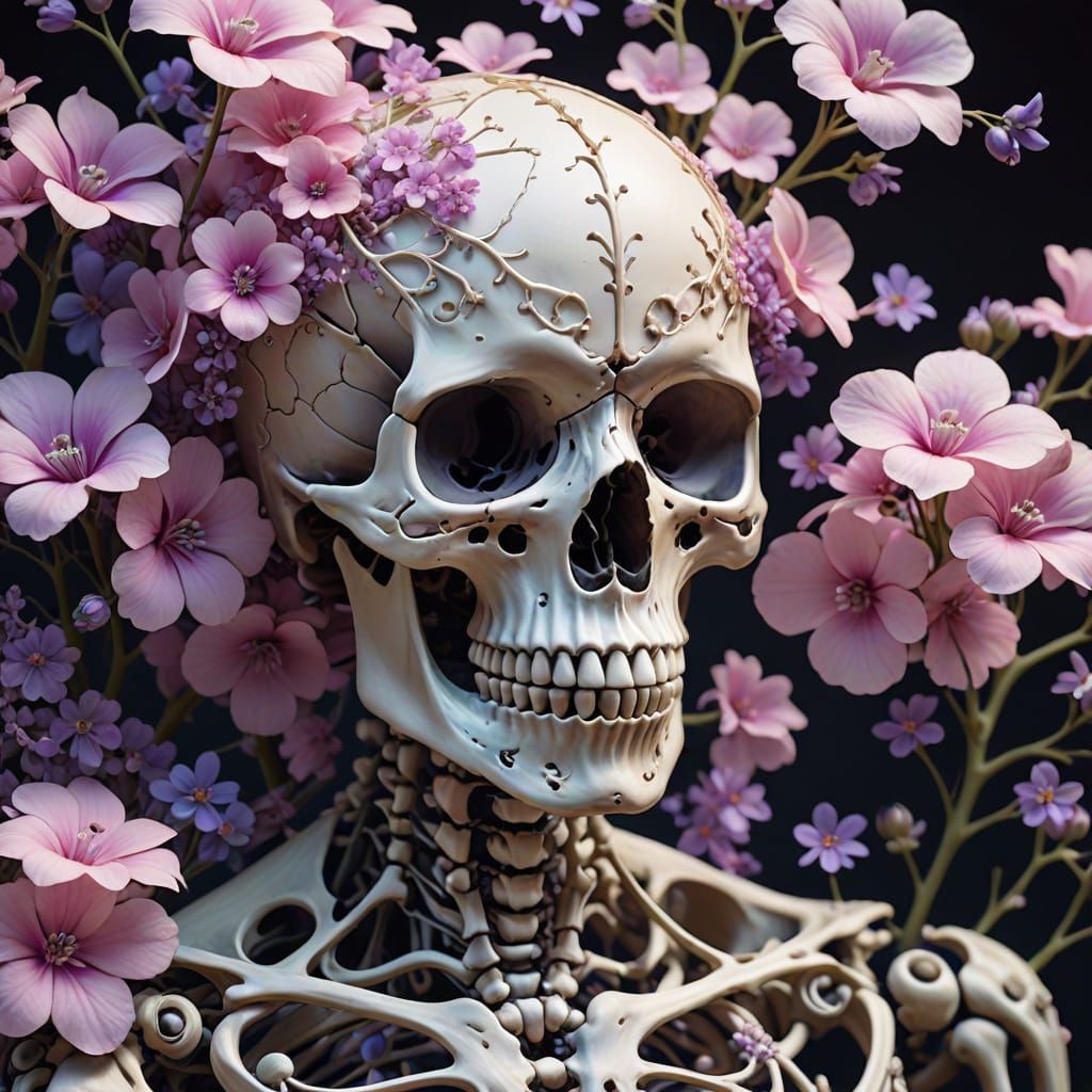 Surreal Skeleton Surrounded by Flowers: Dreamlike Digital Ar...