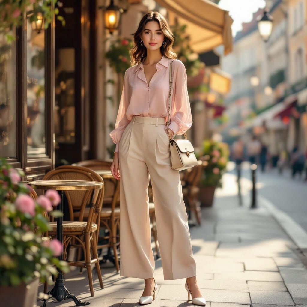 Woman in Pink Chiffon Blouse and Beige Pants on Cafe Street
