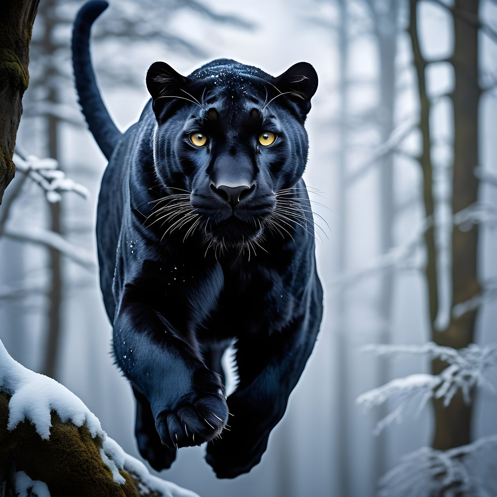 Majestic Black Panther Leaps with Intensity in Winter Wonder...