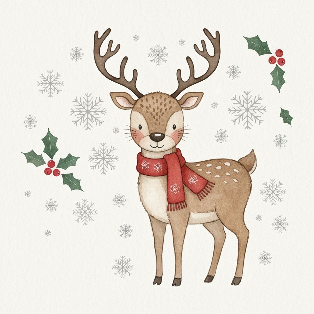 Christmas Reindeer with Scarf in Watercolor Style